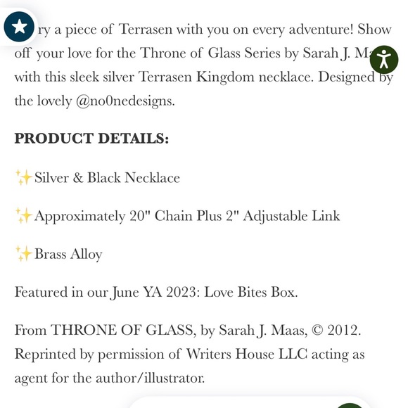 Throne of Glass Sarah J‎ Maas Terrasen Necklace NoOneDesigns Bookish Box - Picture 5 of 5